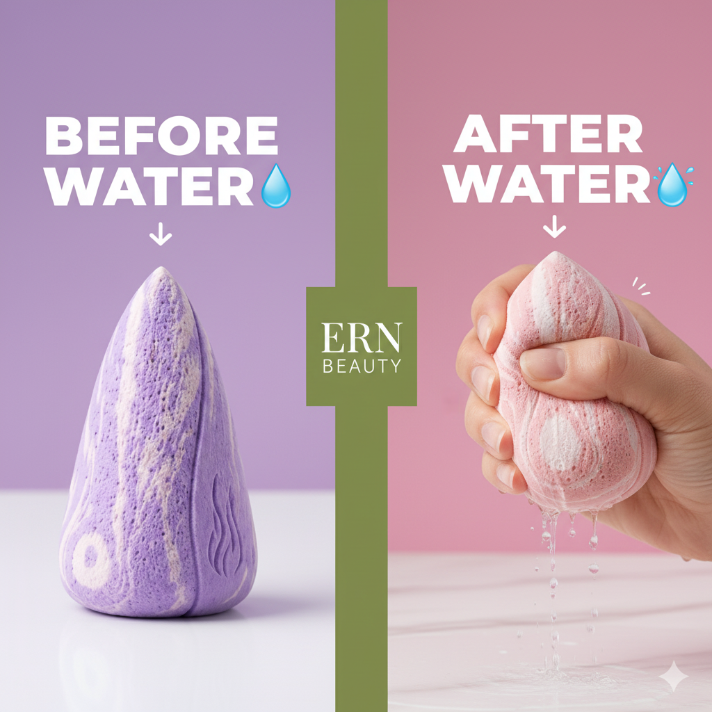 Before water and after water comparison of ERN Beauty sponge