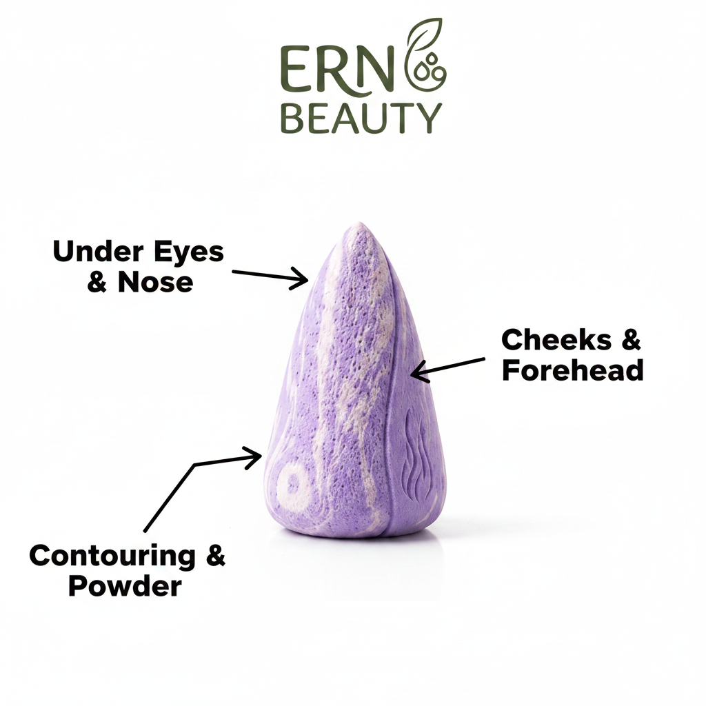 ERN Beauty sponge usage zones for under eyes, cheeks, contouring